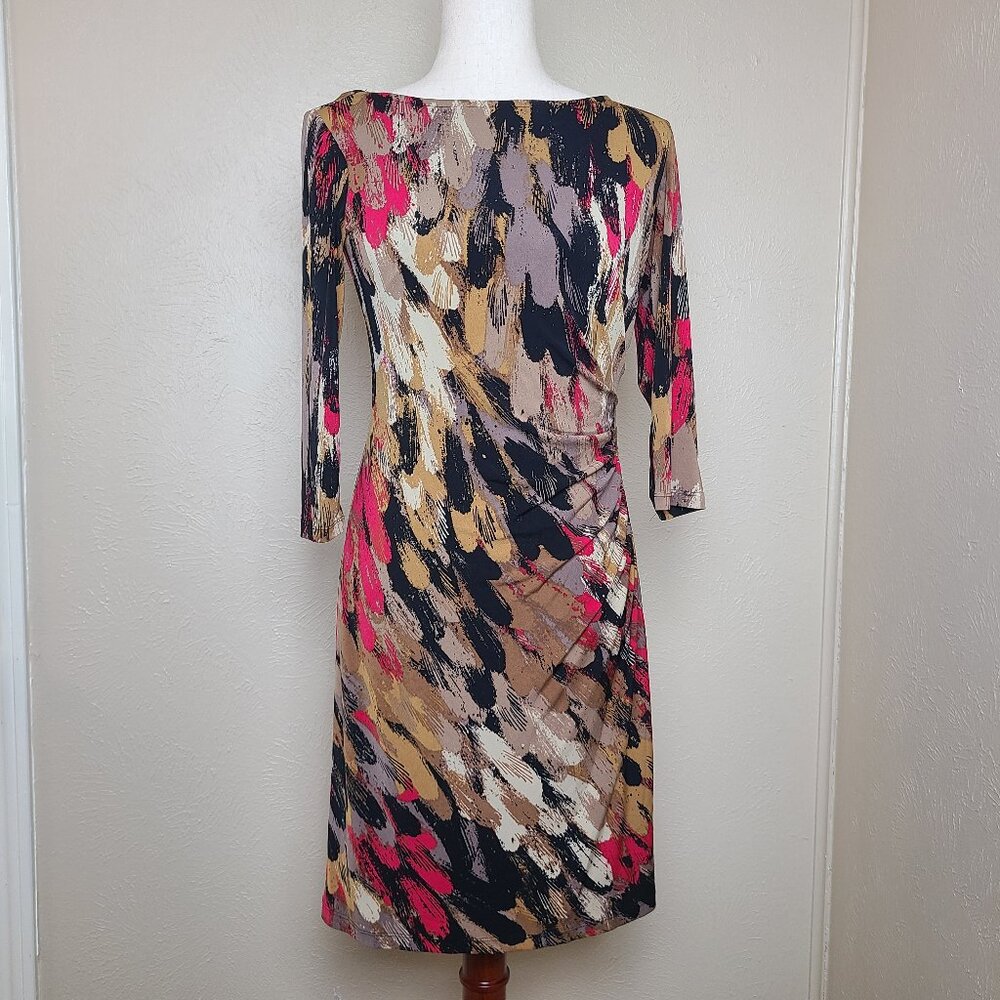 Muse Womens 3/4 Sleeves Dress Fitted Multicolor Tan Black White Pink Size 6 A63